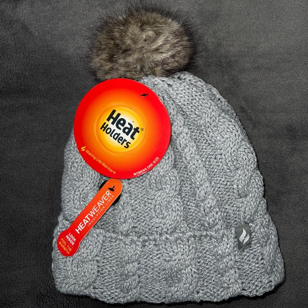 NWT Grey Cable Knit Beanie From Heat Holders